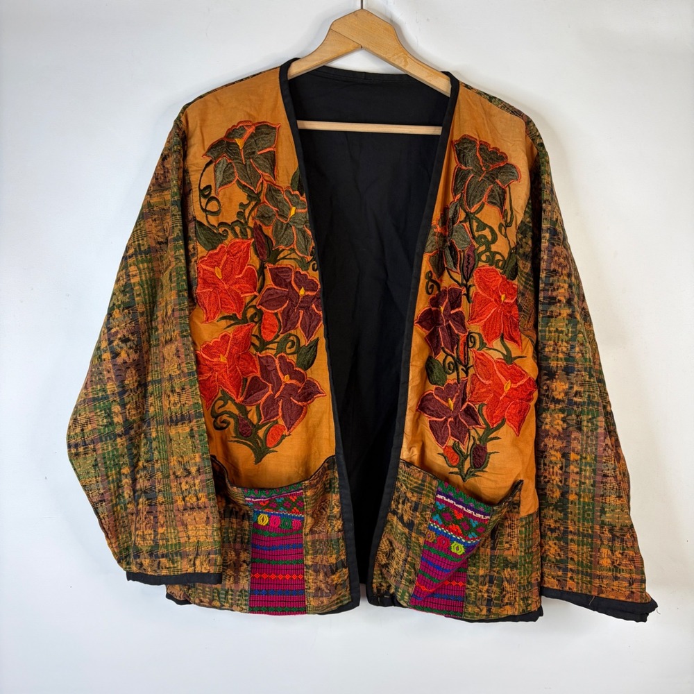 Unbranded Embroidered Floral Patchwork Jacket Womens XL Orange Boho Artisan